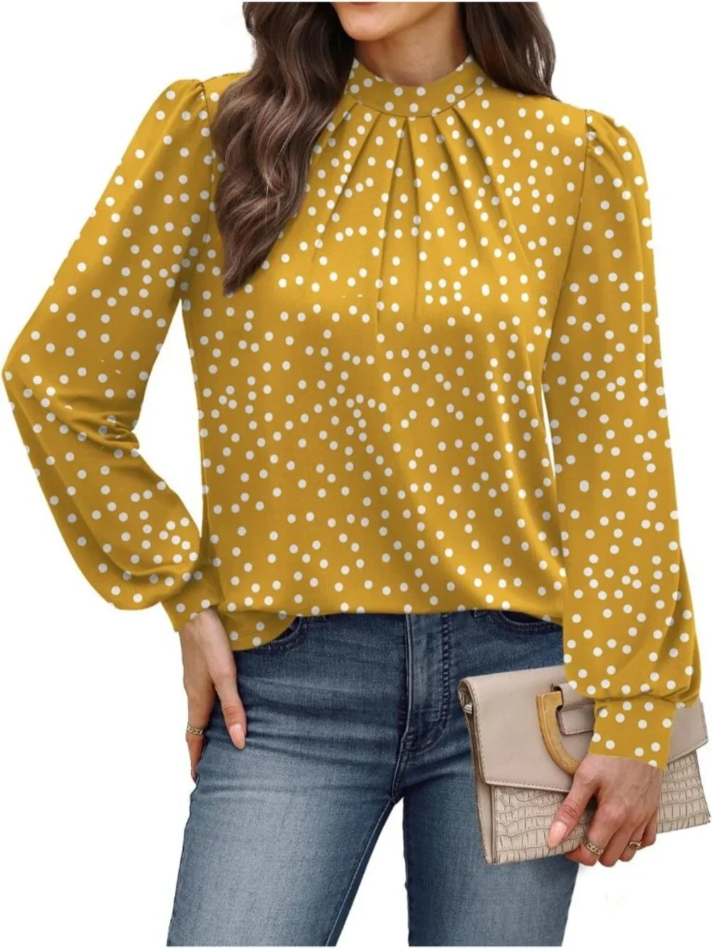 Women's Yellow Long Sleeve Shirt Pleated Front Blouses Dressy Mock Neck Top